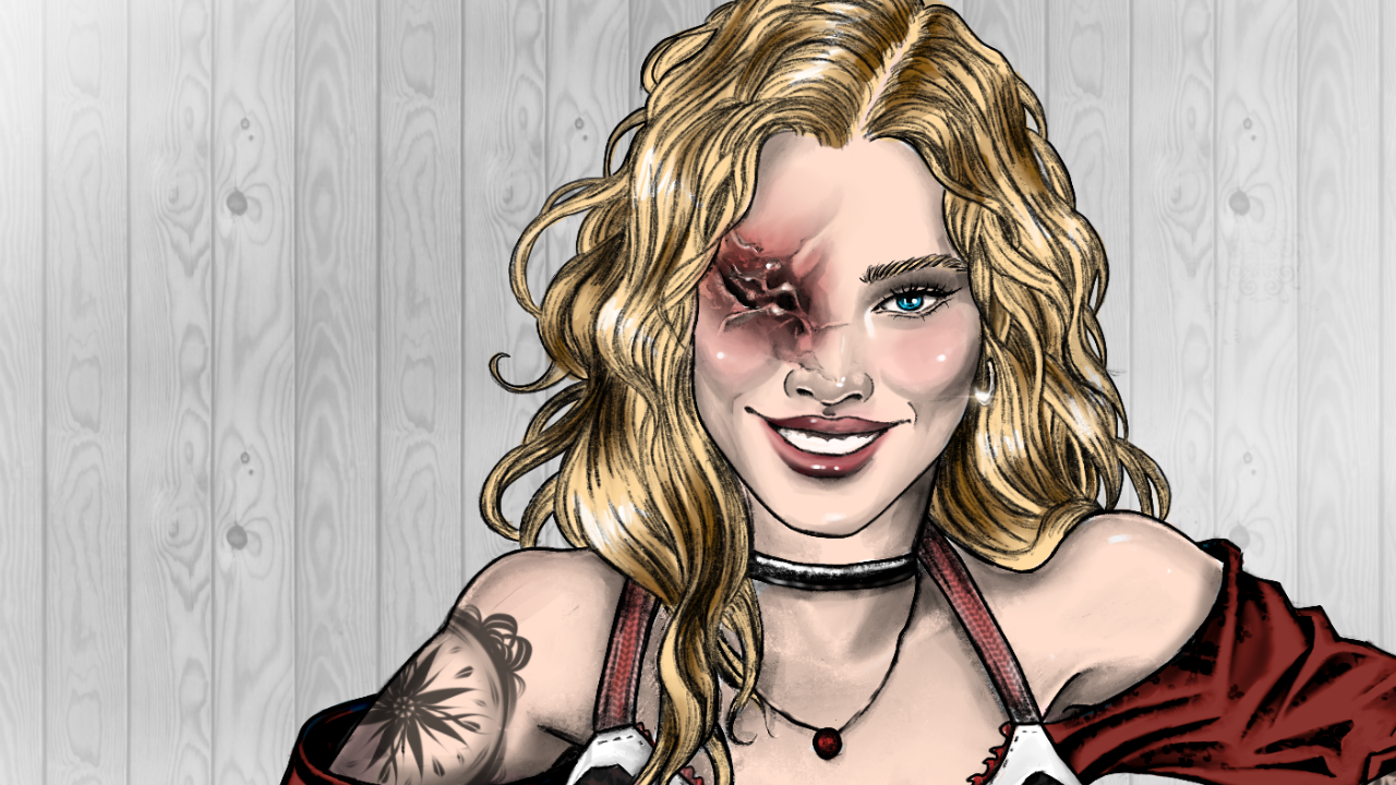 Digitales Portrait einer jungen Frau mit langen blonden Haaren, die breitbeinig auf einem Stuhl sitzt, ein Bier in der Hand.